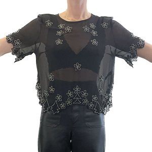 TOPSHOP Black Beaded Sheer Top Floral Beading